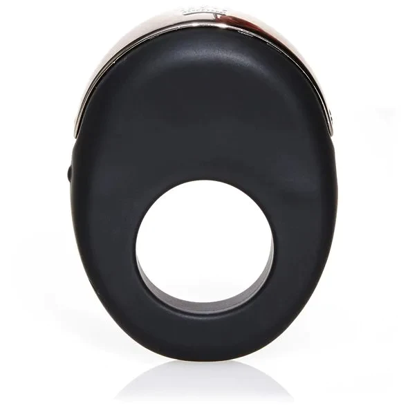 Atom Rechargeable Waterproof Vibrating Cock Ring in black with silver trim.