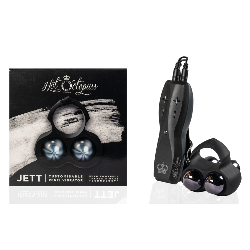 JETT Hands-Free Male Vibrator with dual motors and two metallic spheres.