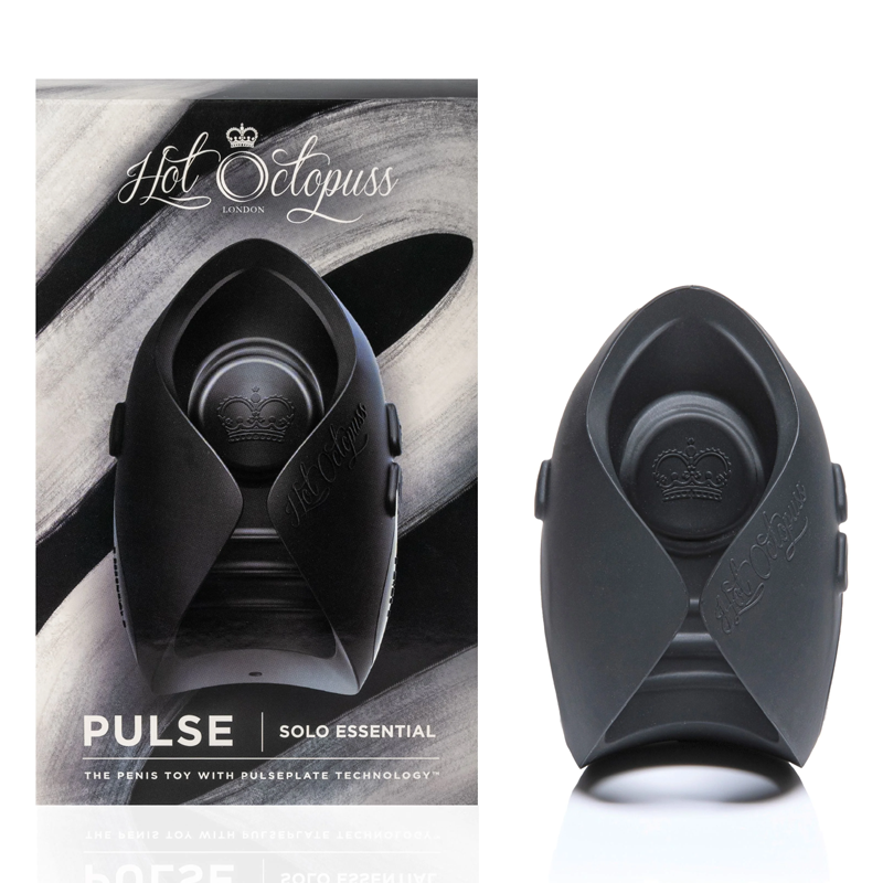 Black Pulse Solo Essential penis toy with crown logo and text.