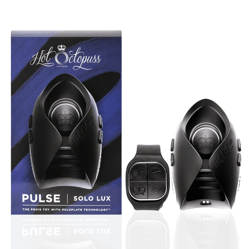Black Pulse Solo Lux massager with remote control and packaging.