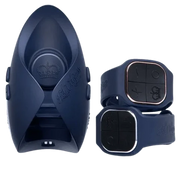 A navy blue couples vibrator with two wrist remotes.