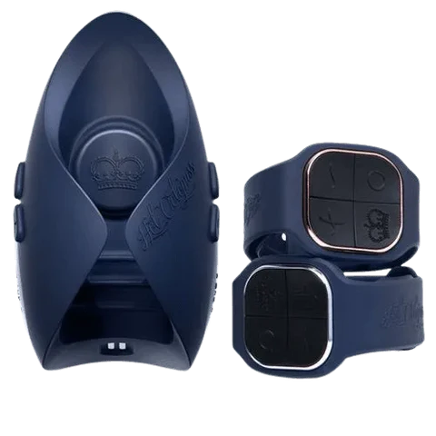 A navy blue couples vibrator with two wrist remotes.