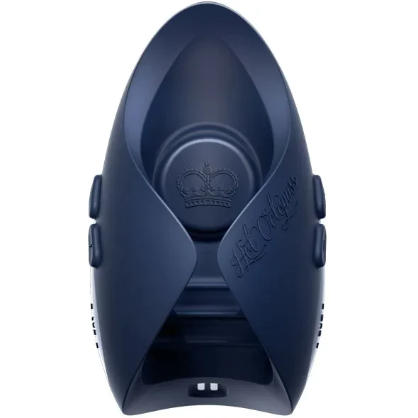 A dark blue couples vibrator with a crown emblem and text.