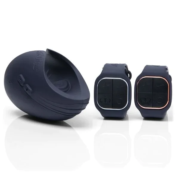 A navy blue couples vibrator with two wrist remotes.