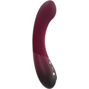 A curved, burgundy silicone vibrator with a gradient finish and control buttons.