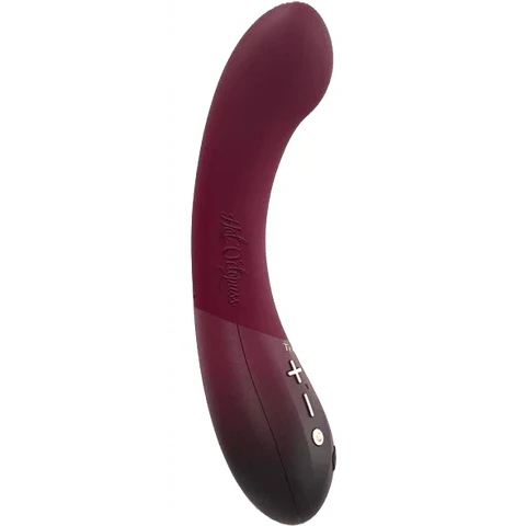 A curved, burgundy silicone vibrator with a gradient finish and control buttons.