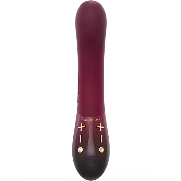 A burgundy and black dual-motor vibrator with gold buttons and controls.