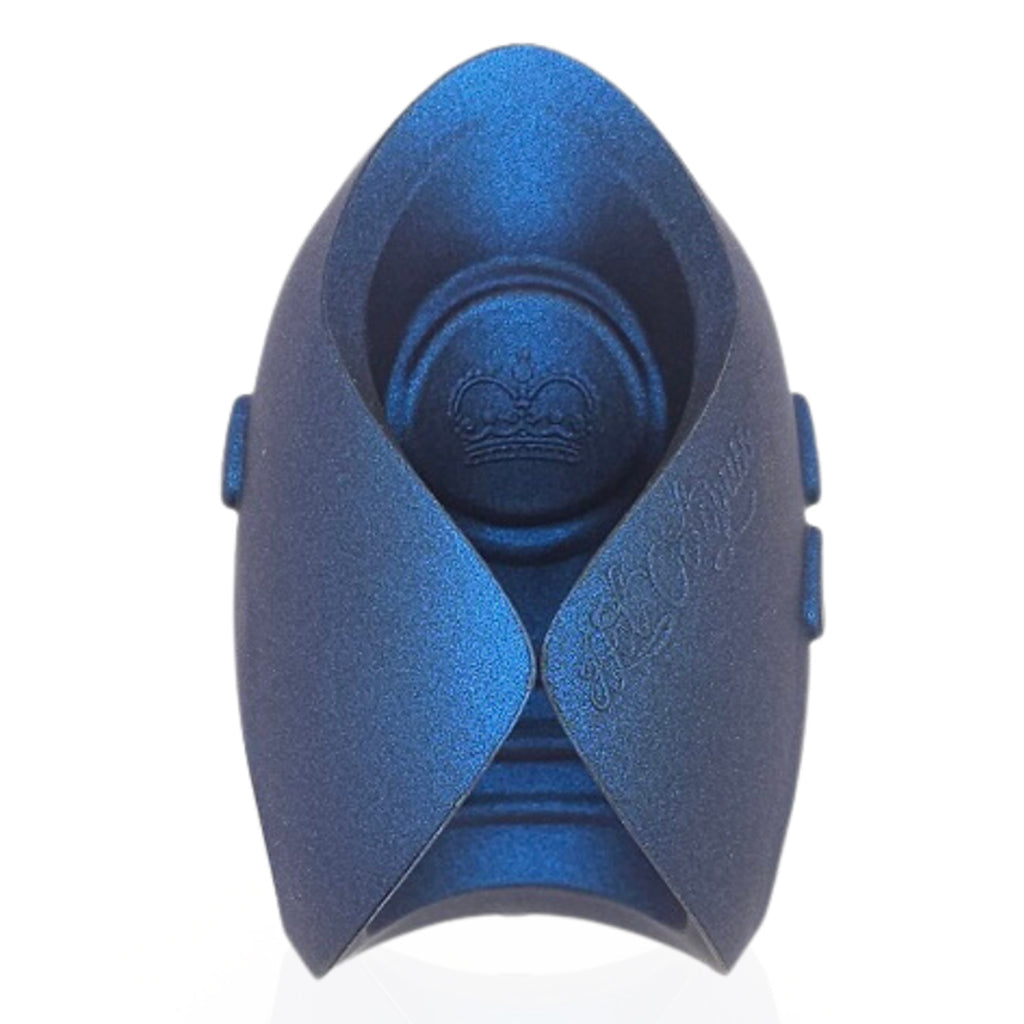 A blue vibrator with a crown emblem and textured sides.