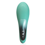 A teal clitoral wand with a crown logo and control buttons.