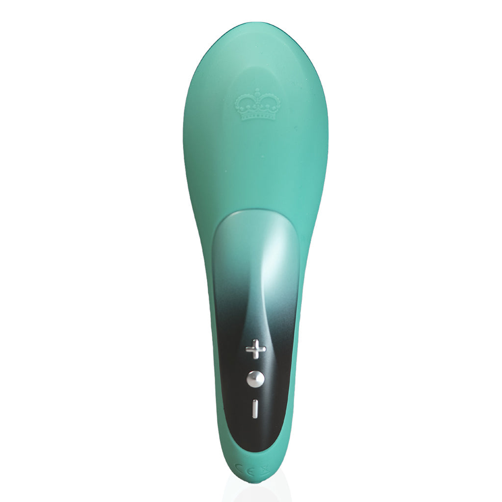 A teal clitoral wand with a crown logo and control buttons.