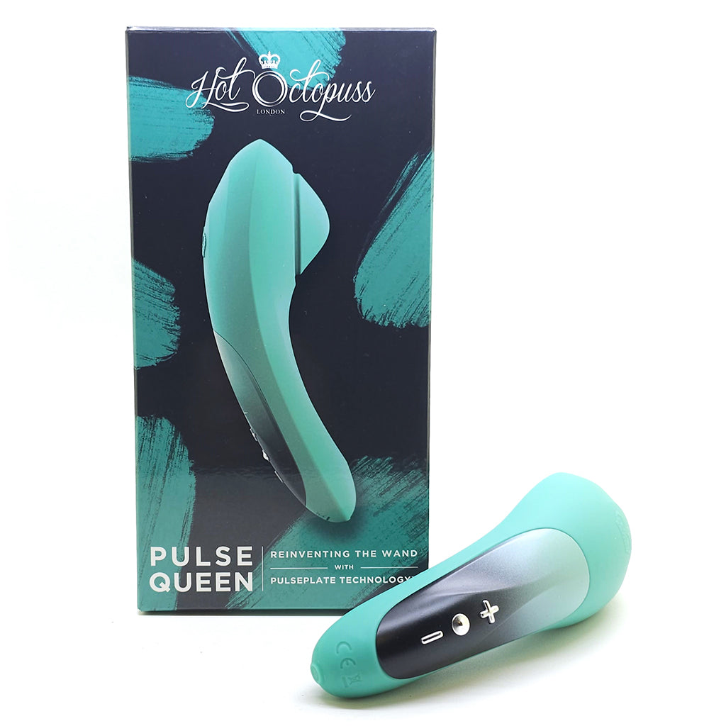 A teal Pulse Queen wand with controls and a box with the brand logo.