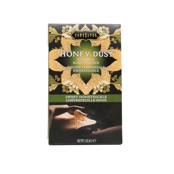 Kama Sutra Sweet Honeysuckle Kissable Body Powder box with a feather applicator.