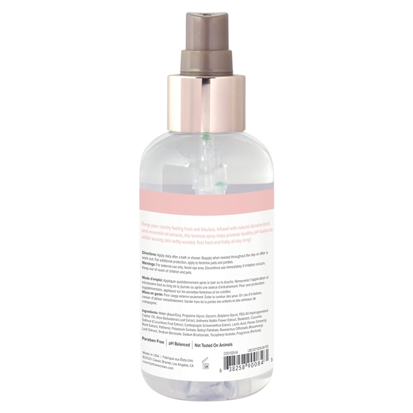 A clear bottle of Coochy Intimate Deodorizing Spray with a rose gold cap.