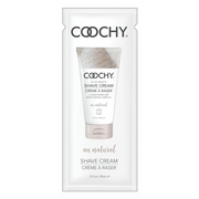 Coochy fragrance-free shave cream sample packet with a 0.5 fl oz tube.