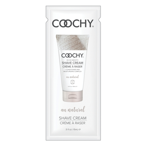 Coochy fragrance-free shave cream sample packet with a 0.5 fl oz tube.