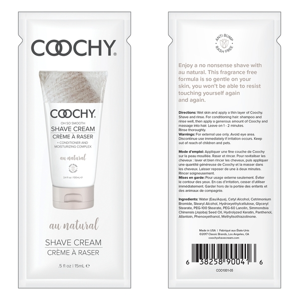 Coochy fragrance-free shave cream in a small sample packet.