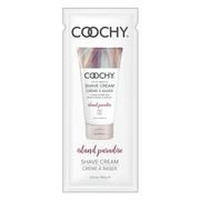 Coochy Island Paradise shave cream sample packet with a tube and text.