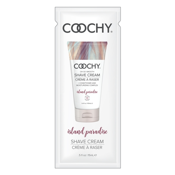 Coochy Island Paradise shave cream sample packet with a tube and text.