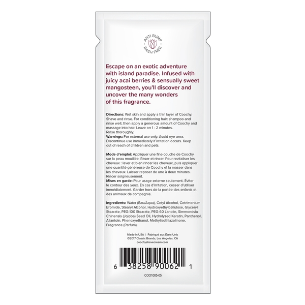 Coochy Island Paradise Moisturizing Shave Cream sample packet with instructions.