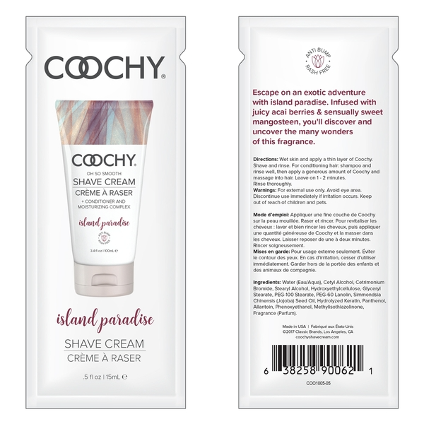 Coochy Island Paradise shave cream sample packet with product details and ingredients.