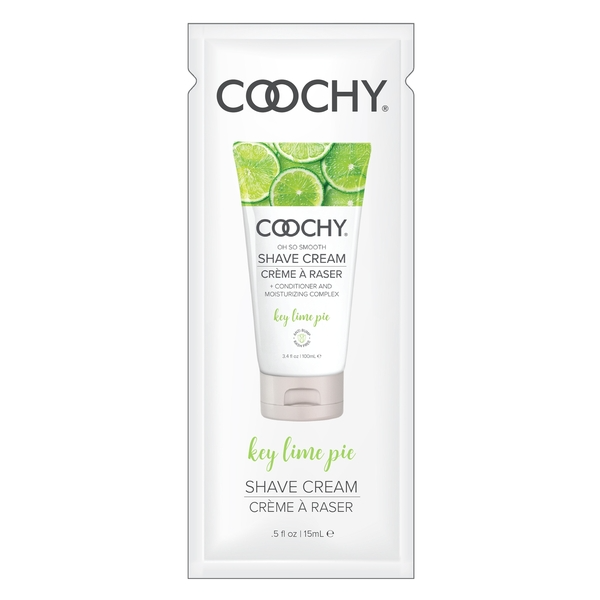Coochy Key Lime Pie moisturizing shave cream in a 0.5oz travel size.