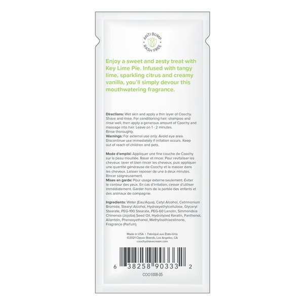 Coochy Moisturizing Shave Cream in Key Lime Pie scent, 0.5oz travel size.