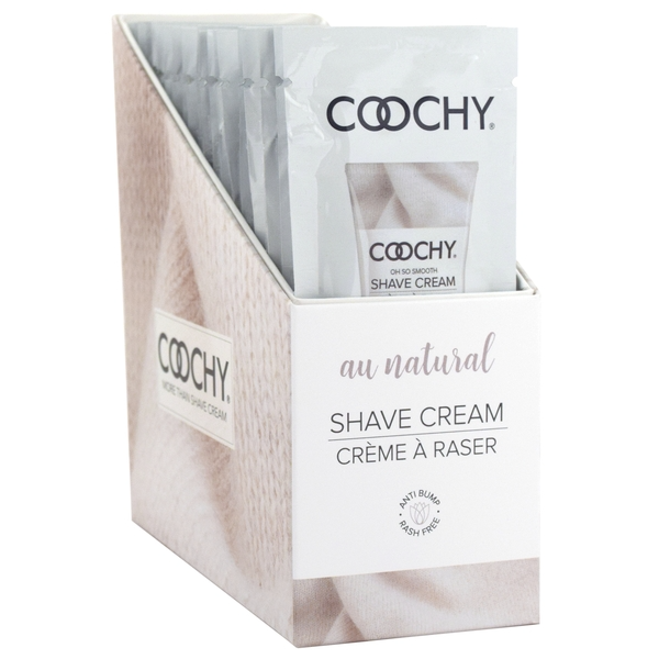 Coochy fragrance-free shave cream foil packets in a display box.