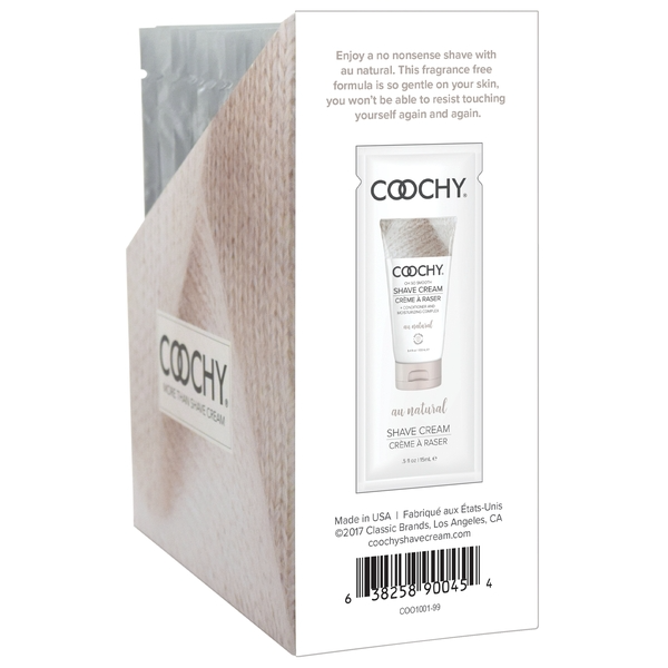 Coochy fragrance-free shave cream foil packets in a display box.