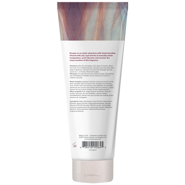 Coochy Island Paradise Shave Cream tube with product information.