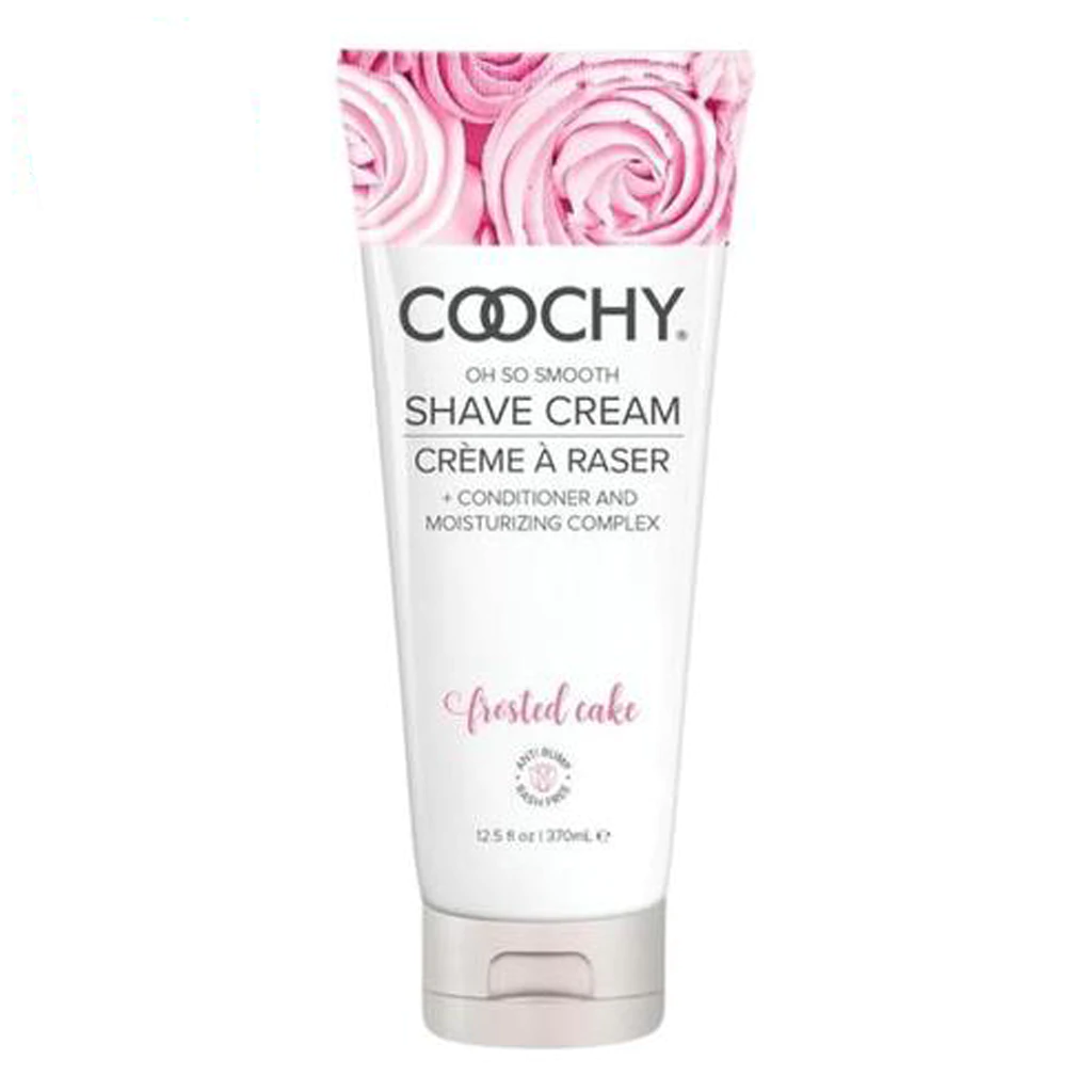 Coochy Frosted Cake shave cream in a white tube with pink floral accents.