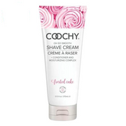 Coochy Frosted Cake shave cream in a white tube with pink floral accents.