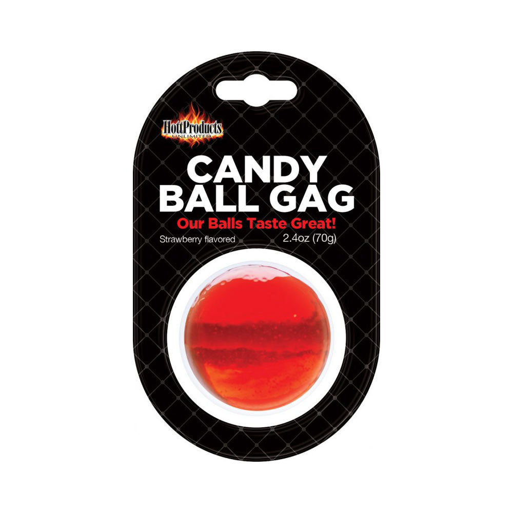 Strawberry flavored candy ball gag with adjustable strap.
