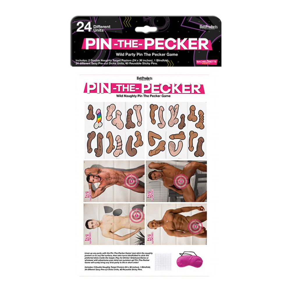 Pin The Pecker Bachelorette Party Game with 24 stickers and two posters.