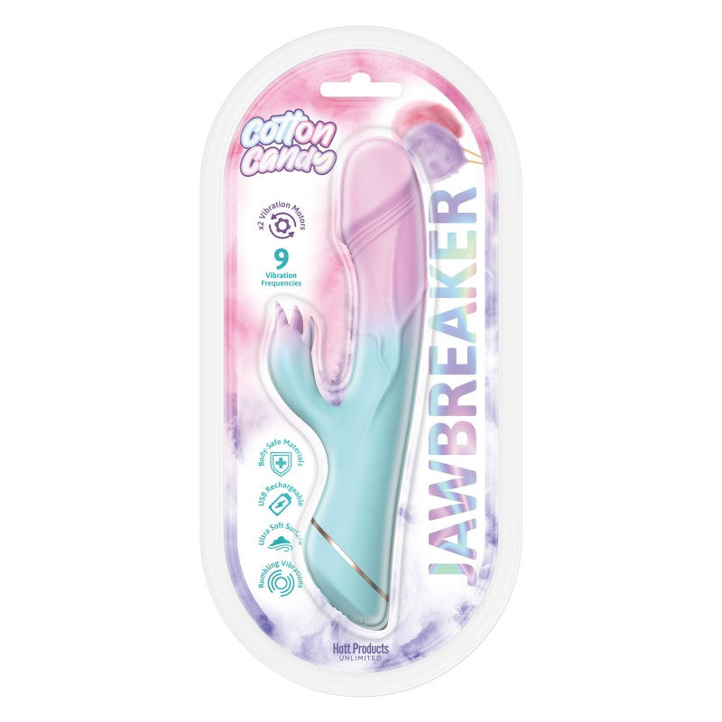 Jawbreaker Cotton Candy dual vibrator in pink and blue, with text indicating 9 vibration frequencies.