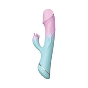 A pink and blue dual vibrator with a curved shape and textured surface.
