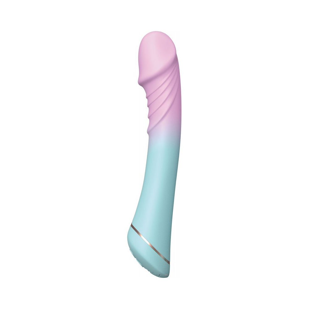 Pink and blue silicone vibrator with ribbed texture.