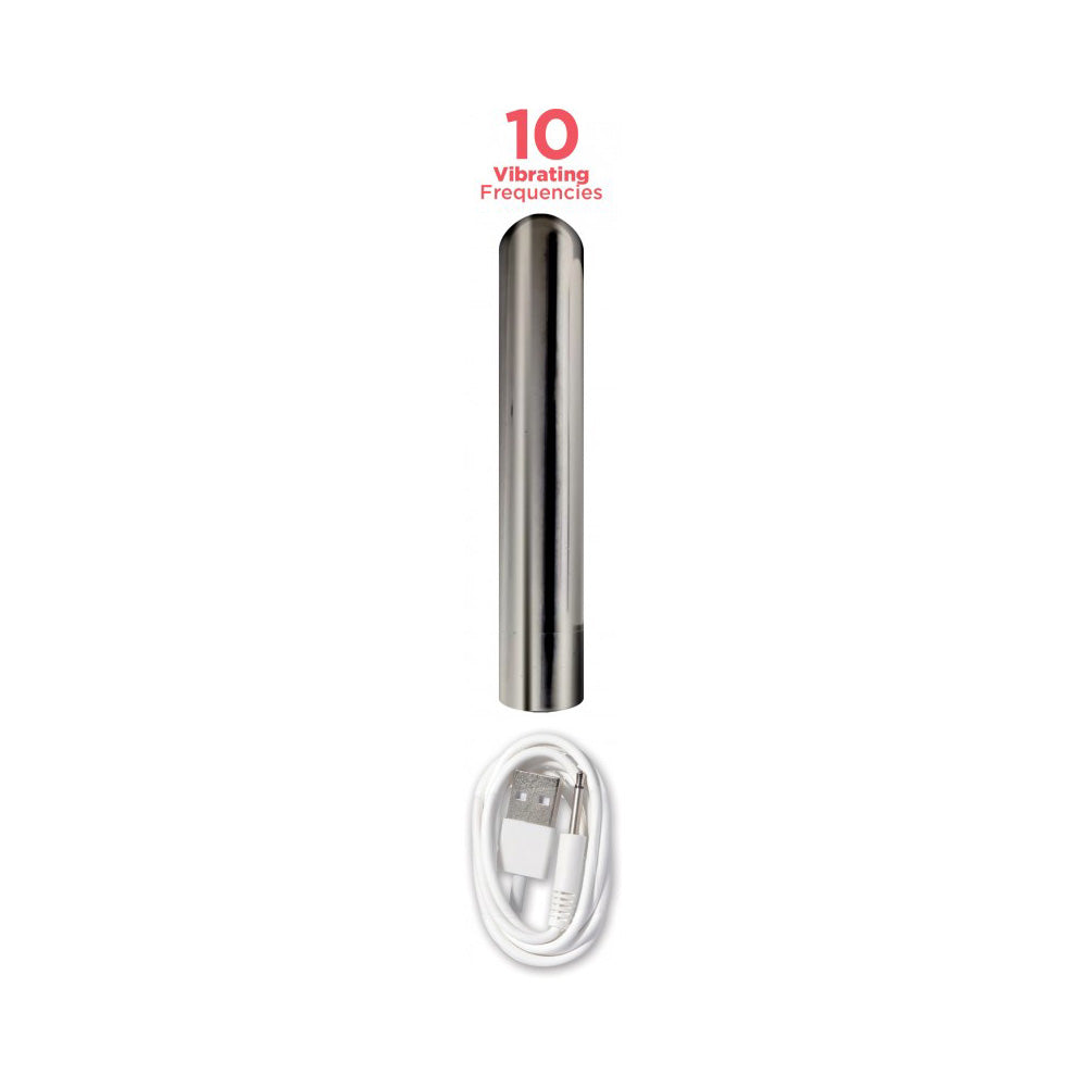 A silver vibrating bullet with a USB charging cable and text indicating 10 vibrating frequencies.