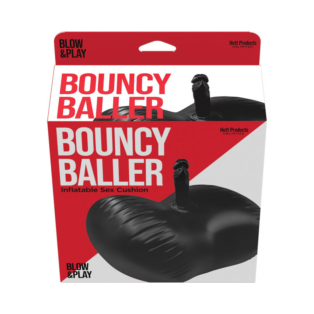Black inflatable bouncy baller dildo with seat on red and white packaging.
