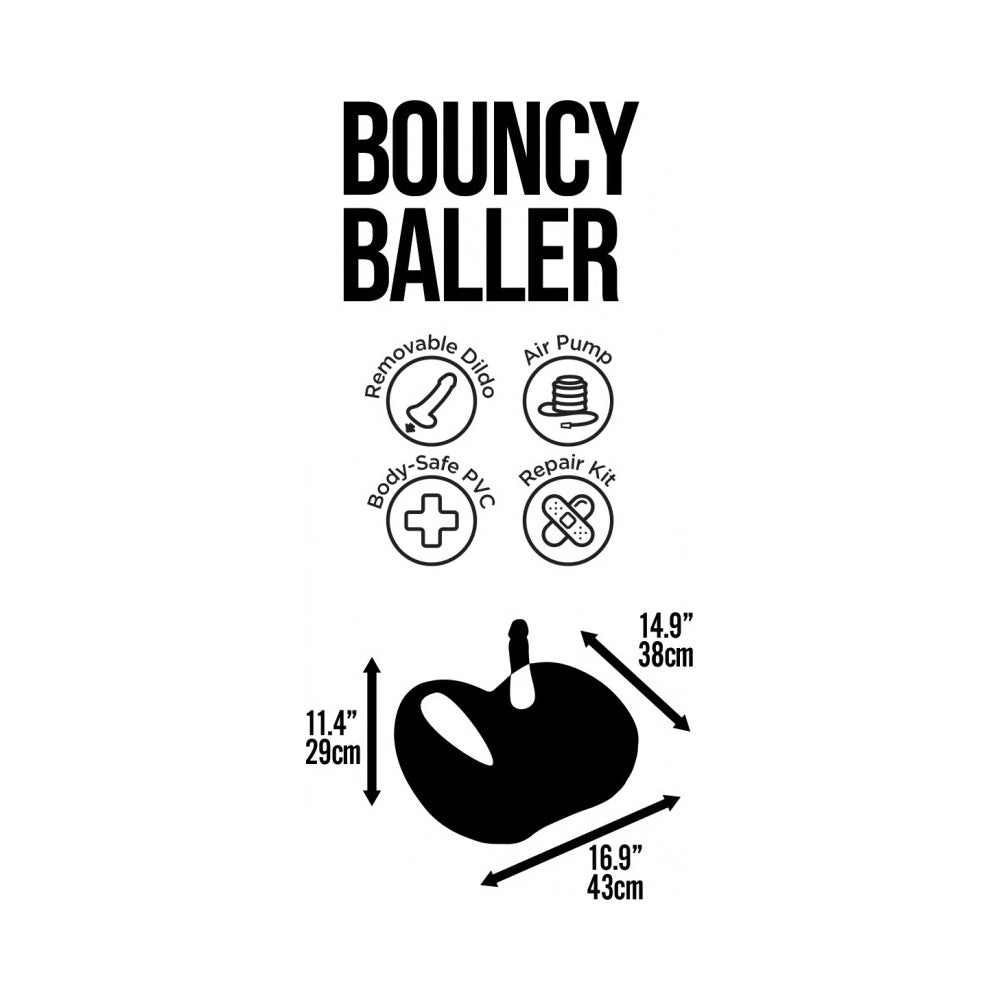 Inflatable bouncy baller dildo with seat and accessories.