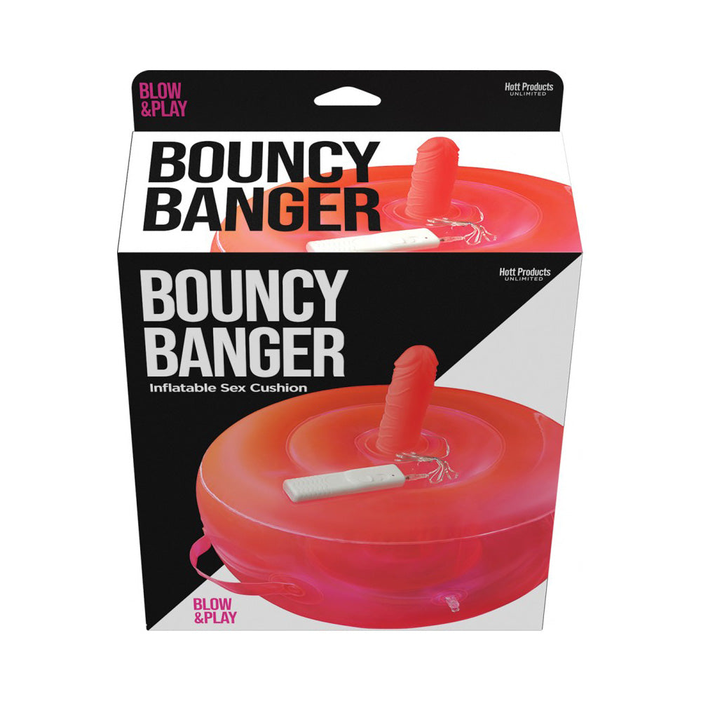 Box for an inflatable sex cushion with a dildo.