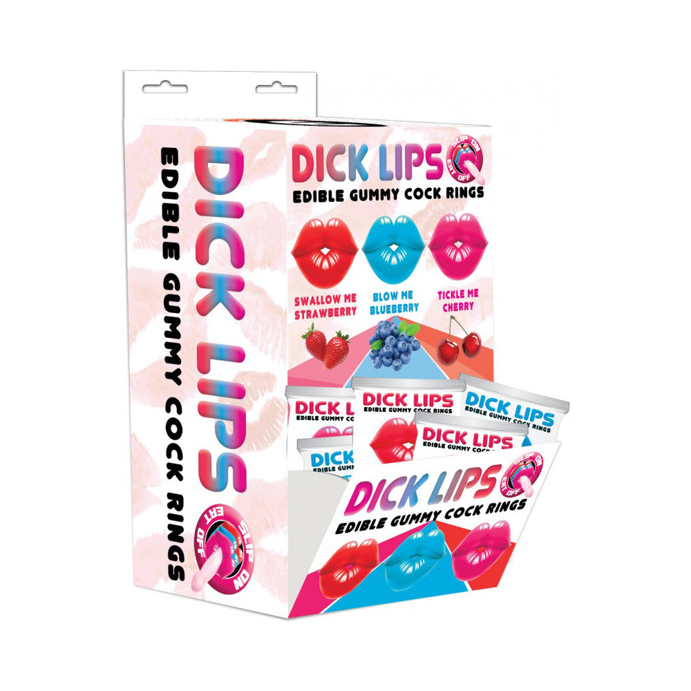 Edible gummy cock rings in a fruity display with strawberry, blueberry, and cherry flavors.