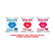 Three packages of edible gummy cock rings in blueberry, cherry, and strawberry flavors.