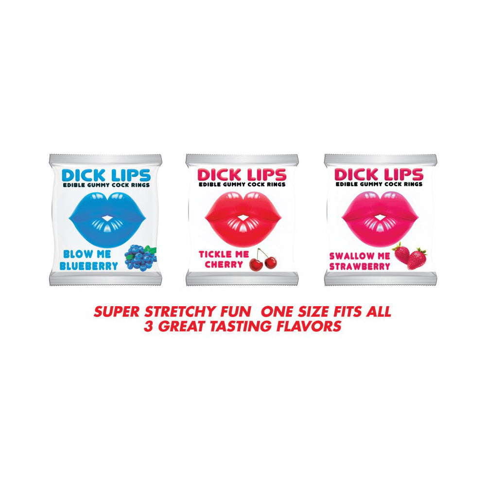 Three packages of edible gummy cock rings in blueberry, cherry, and strawberry flavors.