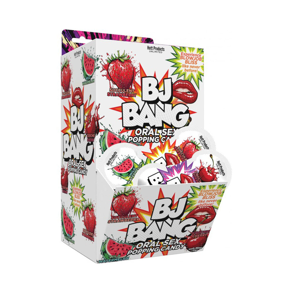 A display box of BJ Bang oral sex popping candy in watermelon, strawberry, and cherry flavors.
