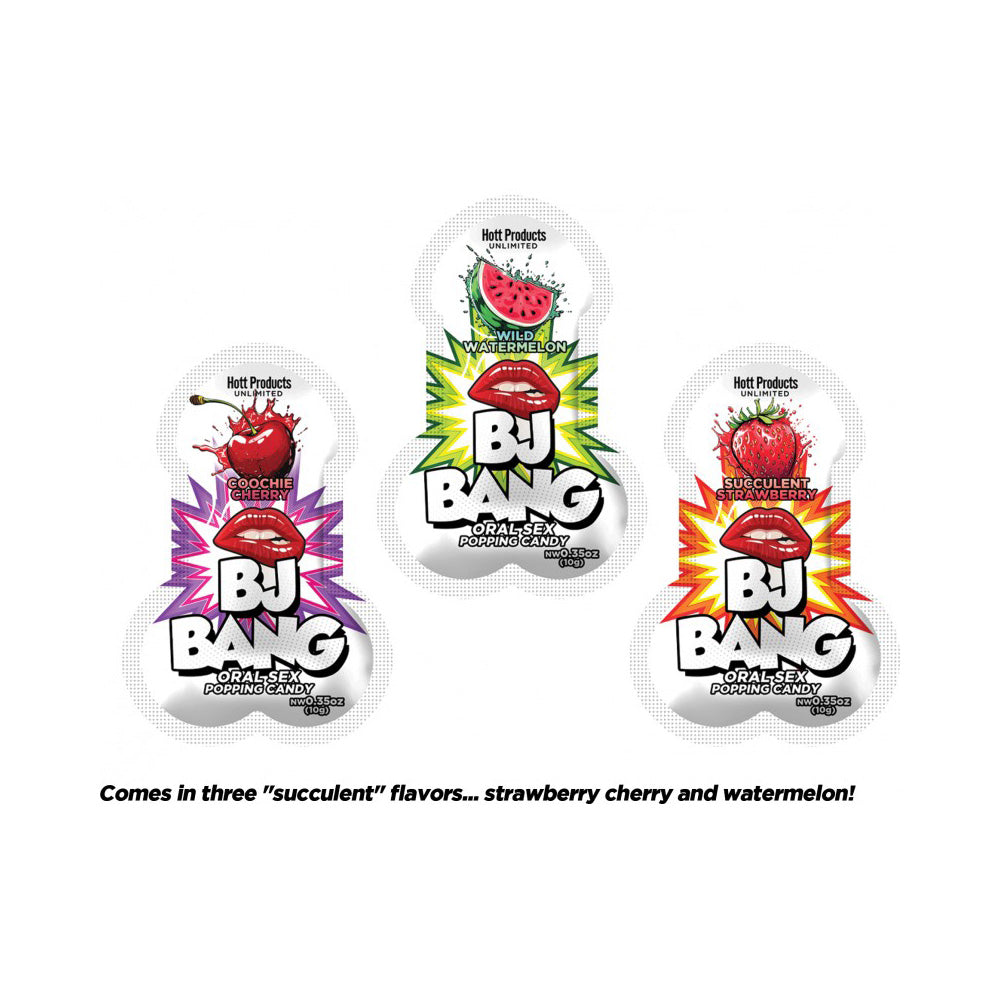 Three flavors of oral popping candy with penis-shaped packaging.
