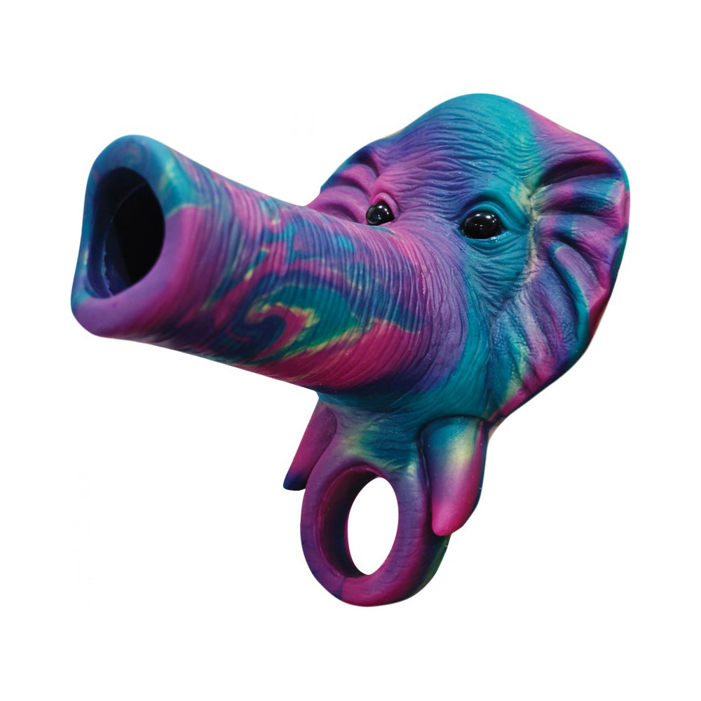 A colorful, textured elephant-shaped penis sleeve with a ring.