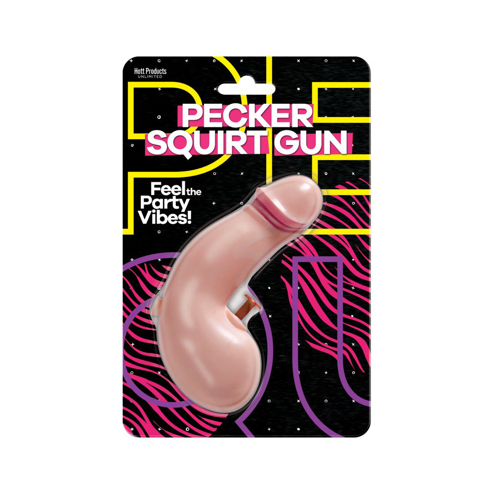 Pecker-shaped squirt gun in pink, 8oz novelty water toy on black packaging.