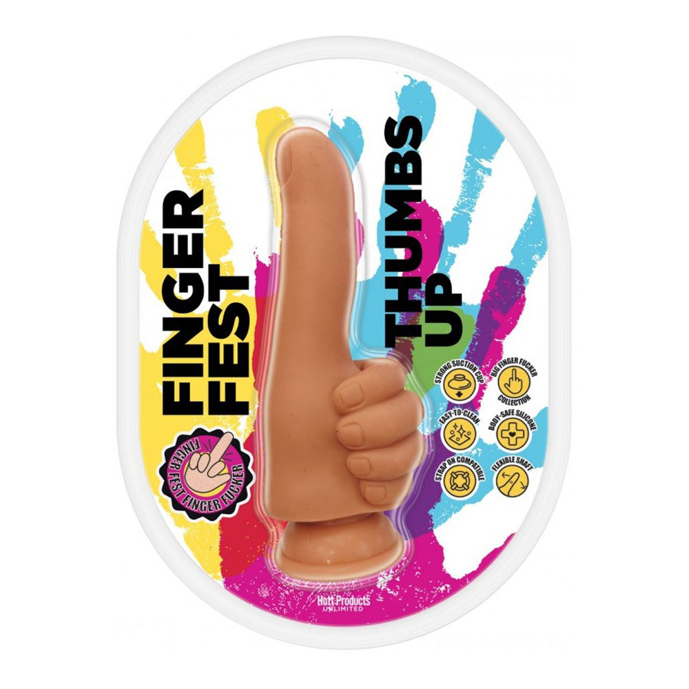 A tan silicone finger dildo with a thumbs up design and suction cup.