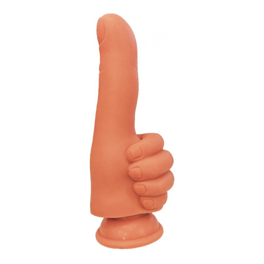 A peach-colored silicone dildo shaped like a thumb and hand with a suction cup base.