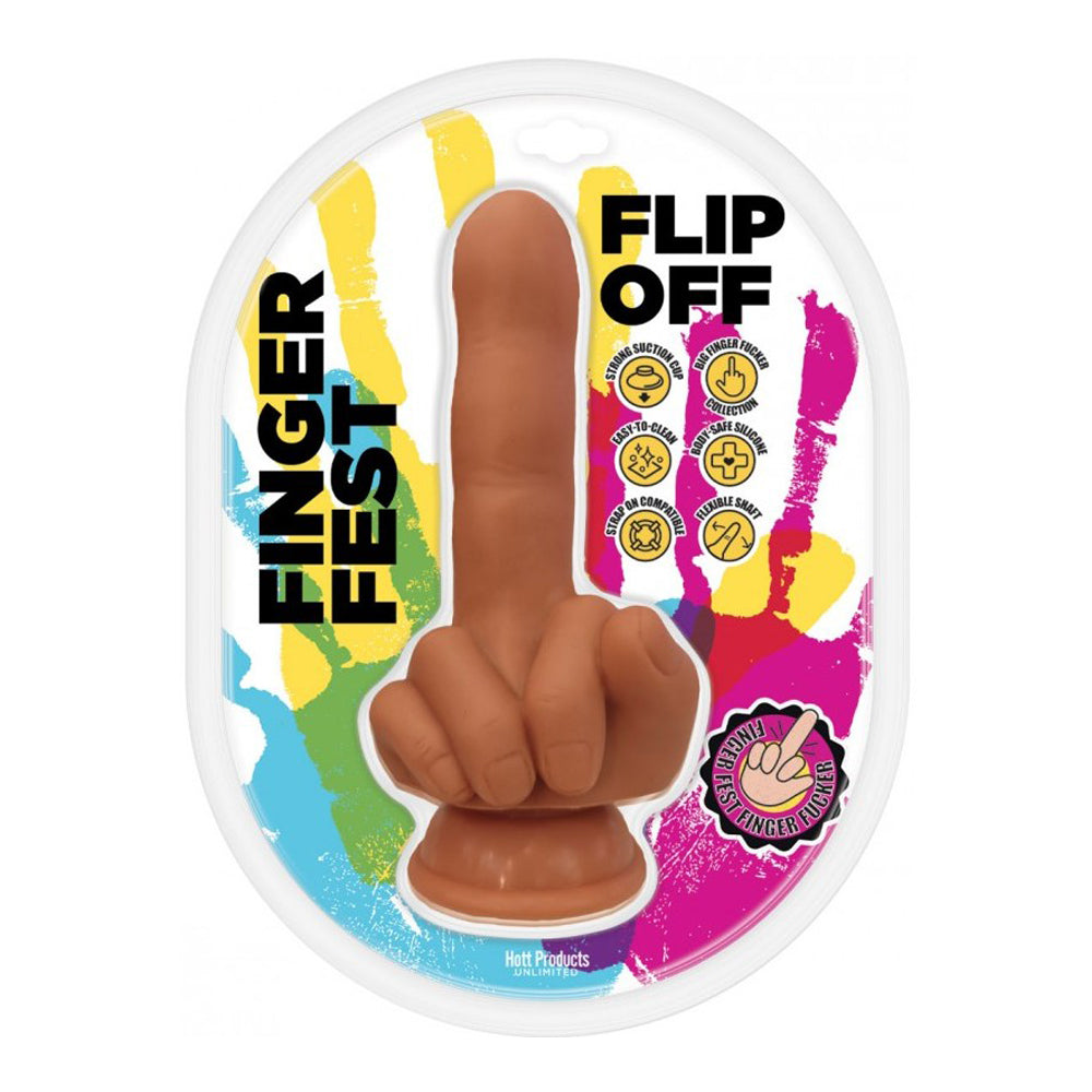 Finger-shaped silicone dildo with suction cup base, 7.9 inches long, in tan color.